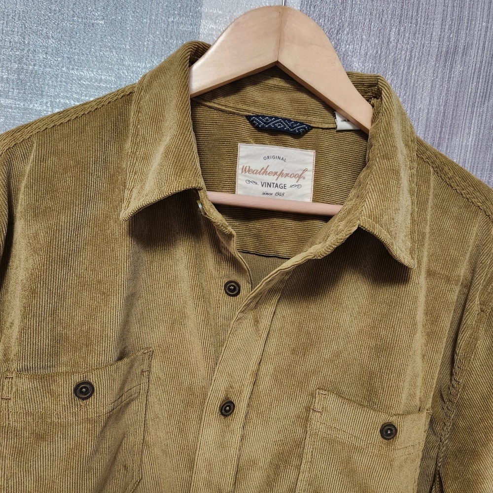 Weatherproof Vintage Mens Large Tan Khaki Corduroy Button Down Shirt Chore Work